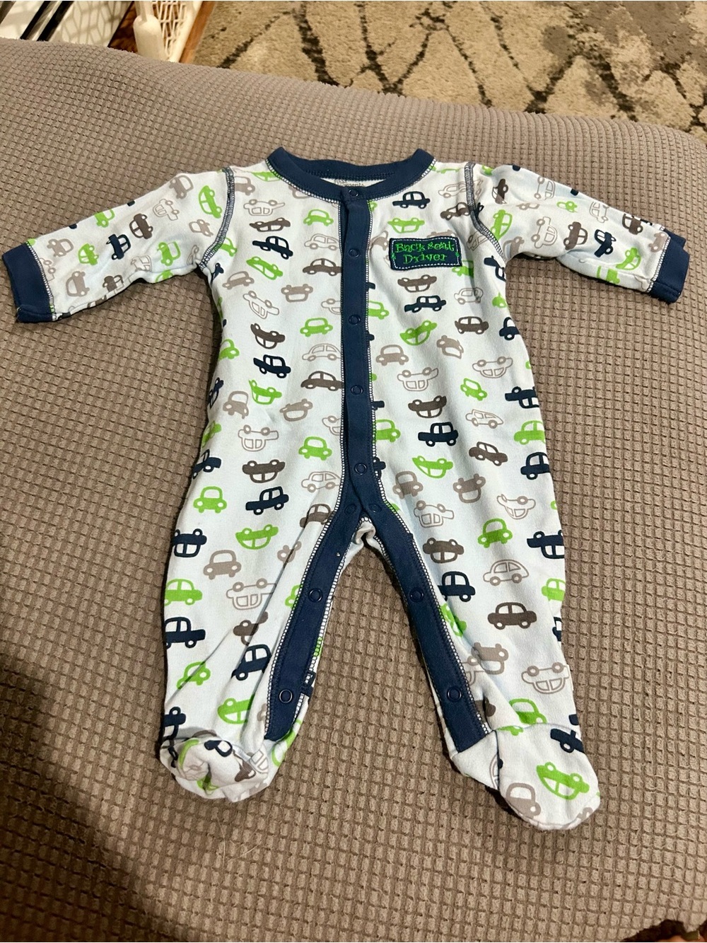 First Moments Baby Footed One-Piece in White with Blue & Green Car Print